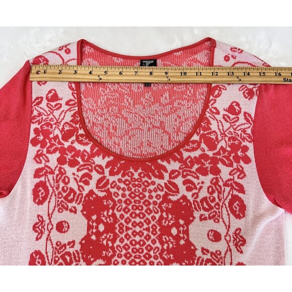 Tricot Chic Women Coral White Floral Short Sleeve Stretch Knit Sweater Top Sz 10 - Picture 10 of 13